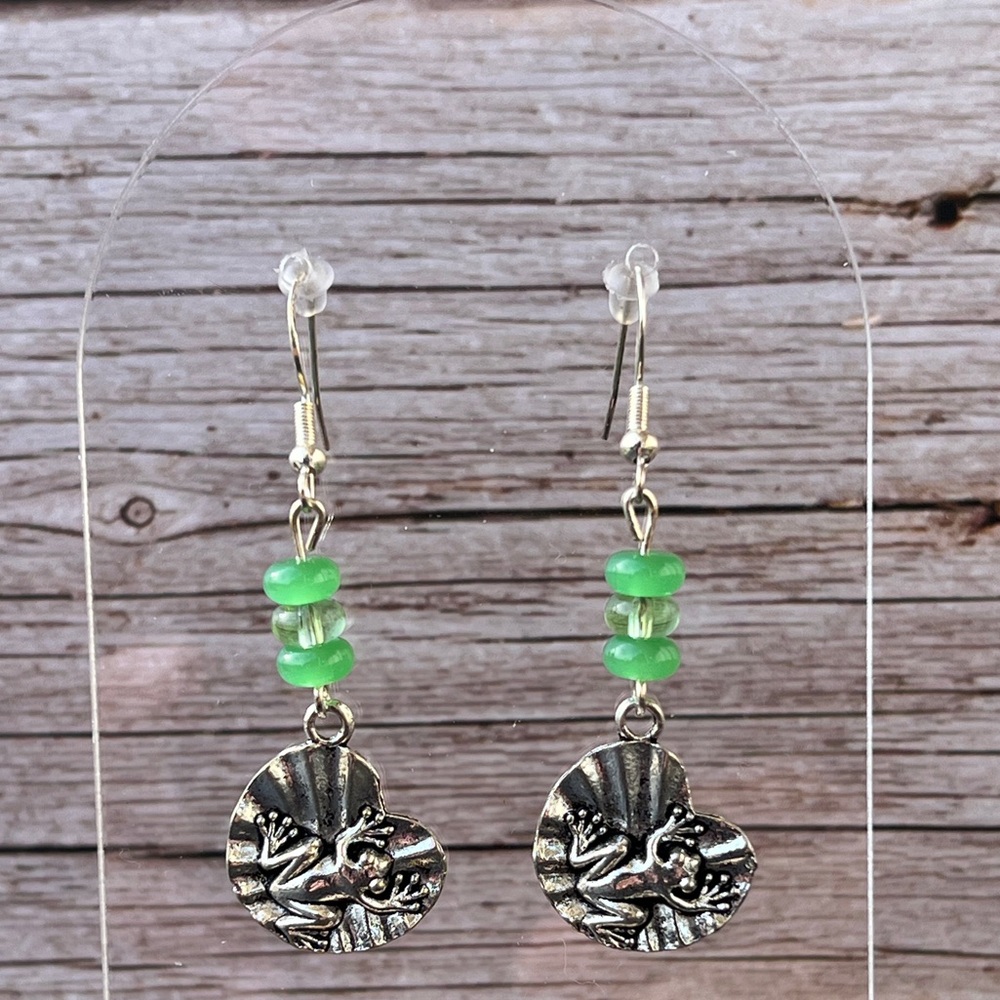 Frog On Lilly Pad Dangle Earrings